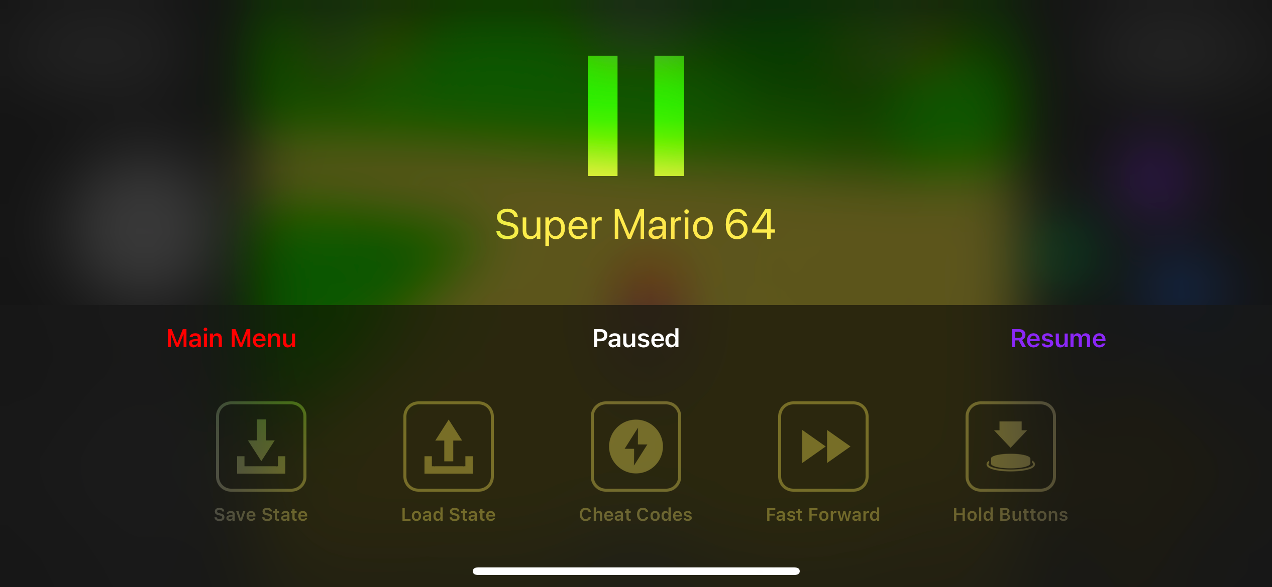 The Delta emulator pause menu with save, load, and other options.